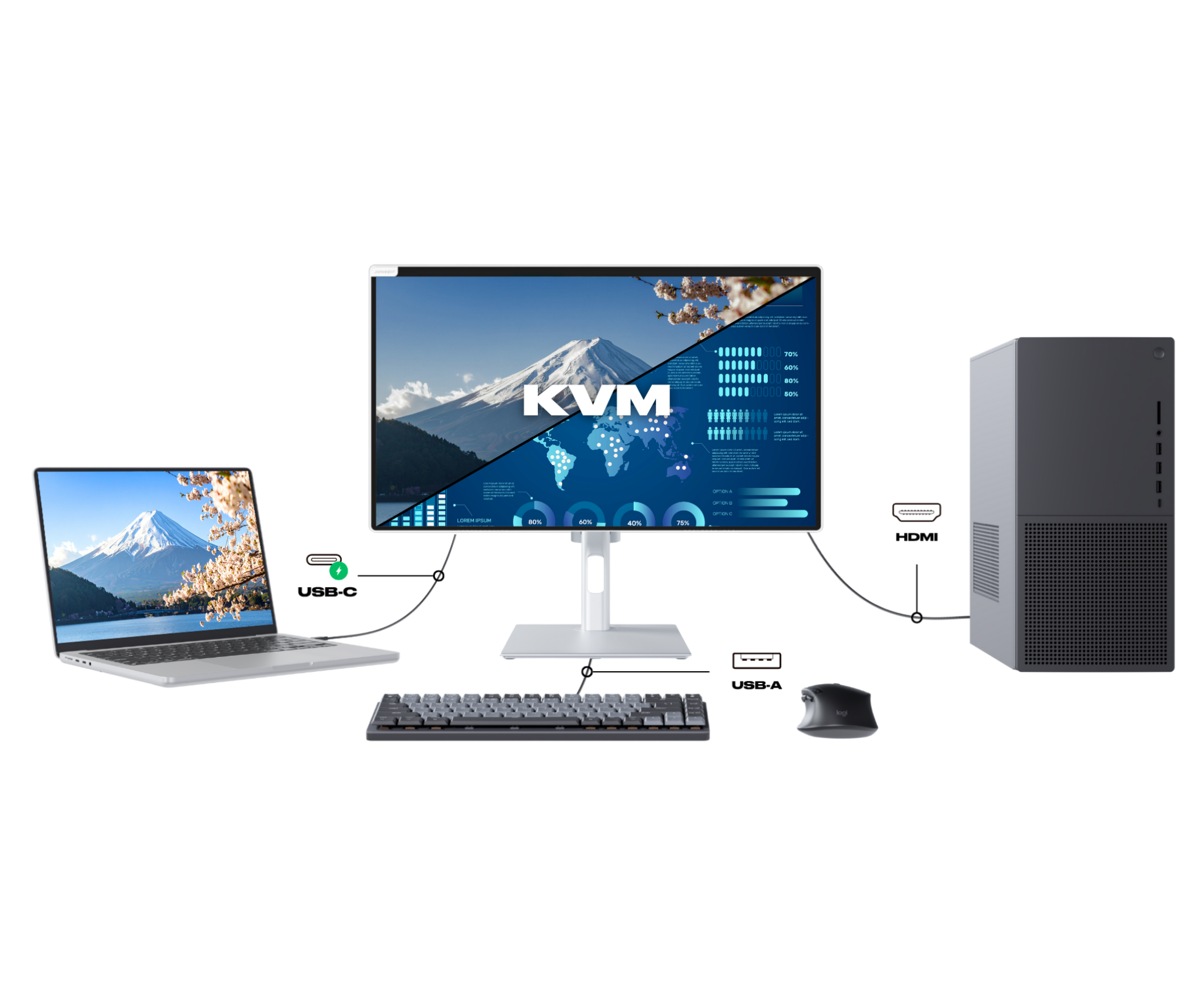 Schermo PC per ufficio | 21,5" | FHD | Touchscreen | KVM | Alimentazione 65 W | Supporto ergonomico articolato