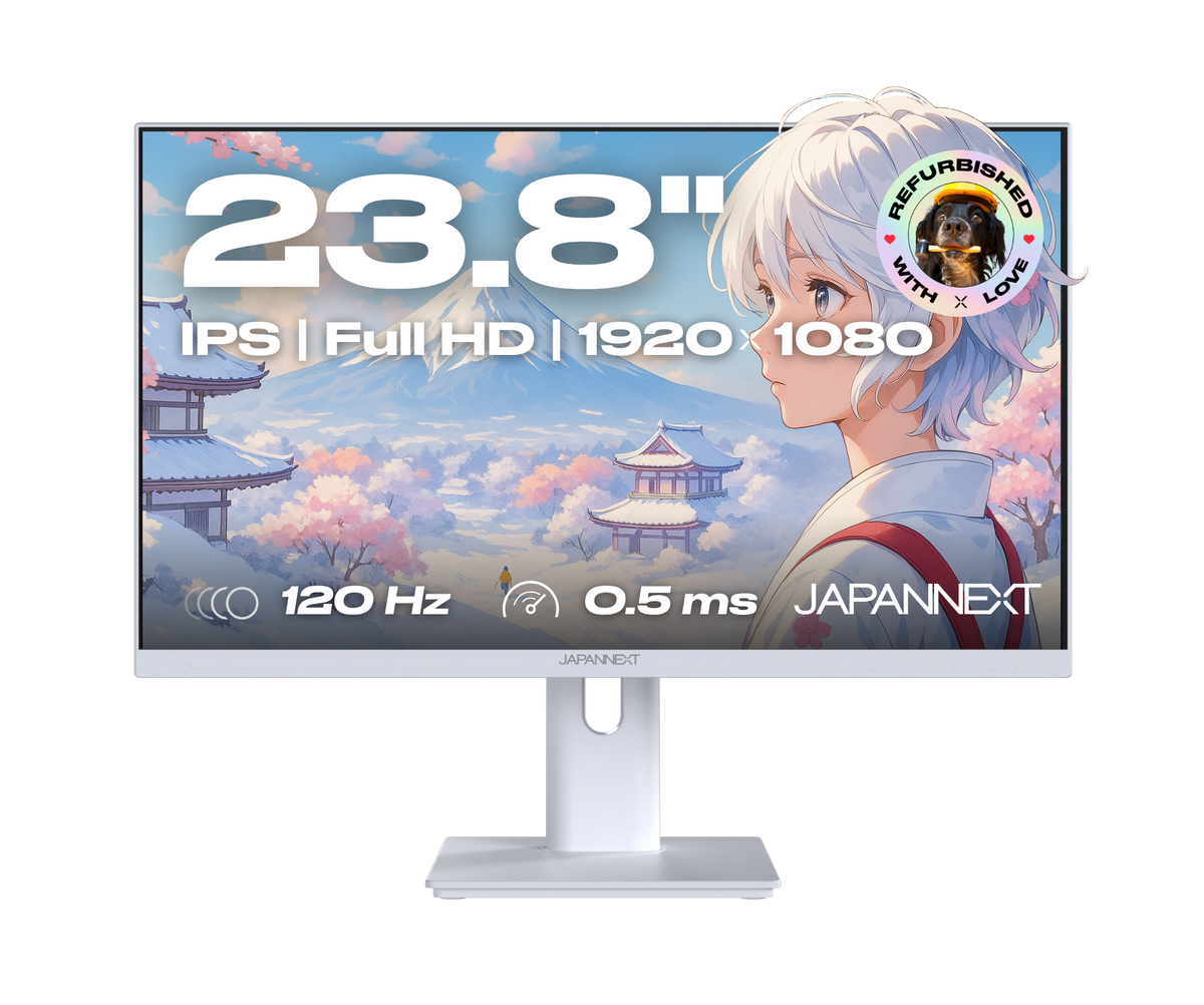 Écran PC gaming et bureautique Japannext 23,8 pouces Full HD IPS 120 Hz reconditionné, blanc sur pied assorti