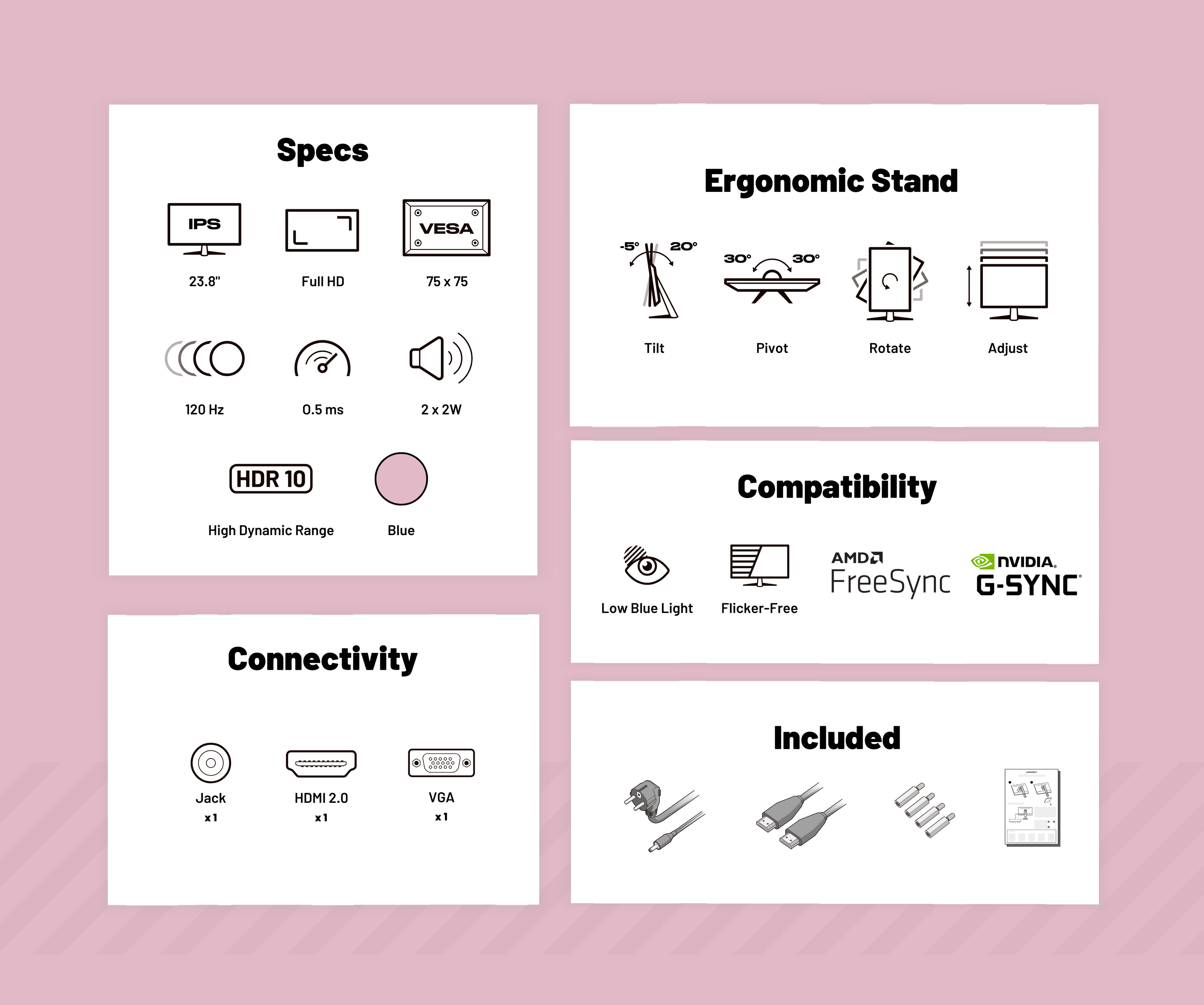 Monitor Gaming | 23,8” | IPS | FHD | 120Hz | Rosa pastello