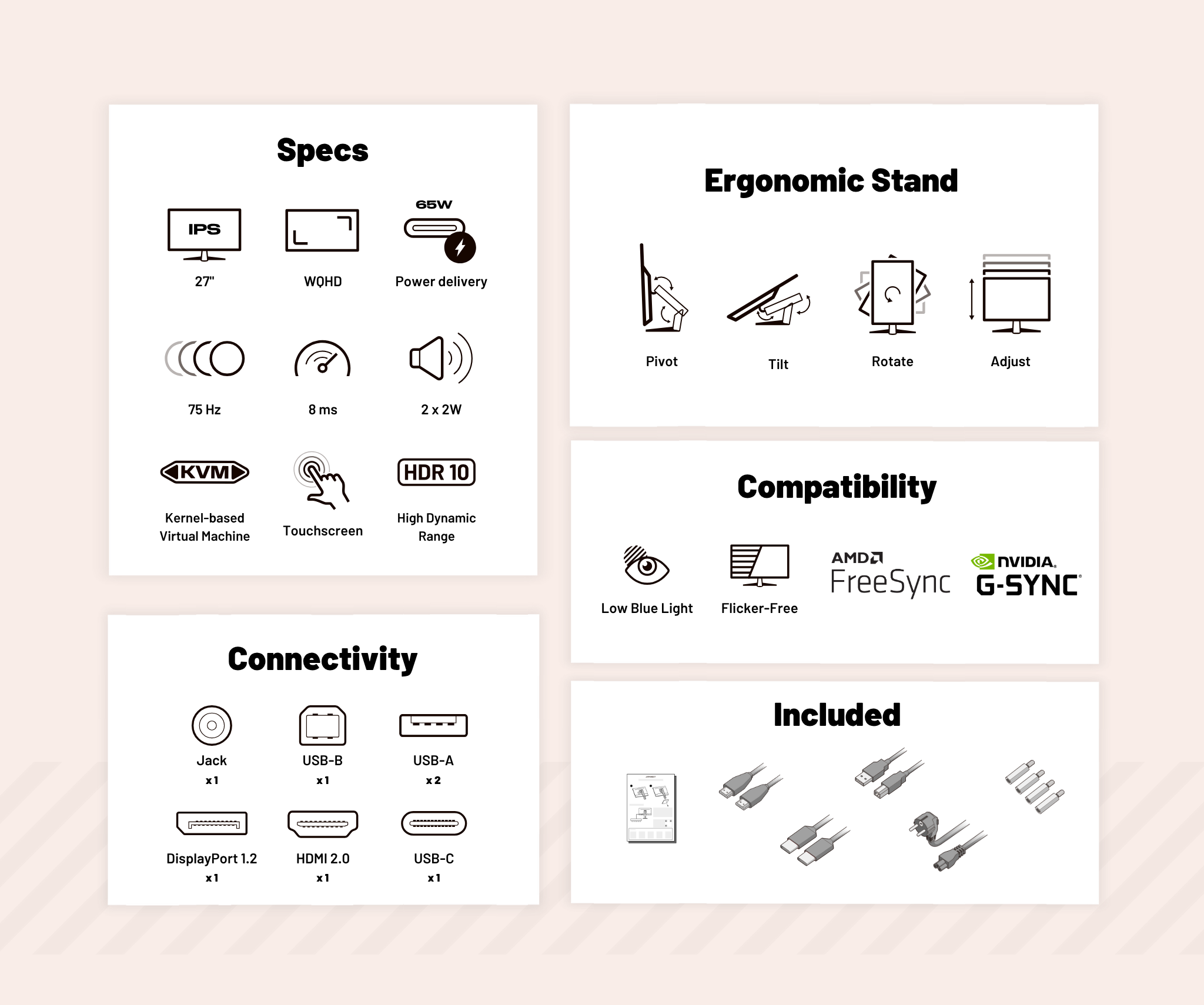 Schermo da ufficio | 27" | WQHD | Touchscreen | Power Delivery 65W | KVM | Bianco