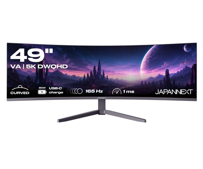 Monitor curvo da 49 pollici, 5K UHD, 165 Hz, USB-C 90 W e porta LAN. Ideale per simulatori di guida e lavoro d’ufficio