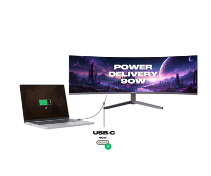 Monitor curvo da 49 pollici, 5K UHD, 165 Hz, USB-C 90 W e porta LAN. Ideale per simulatori di guida e lavoro d’ufficio