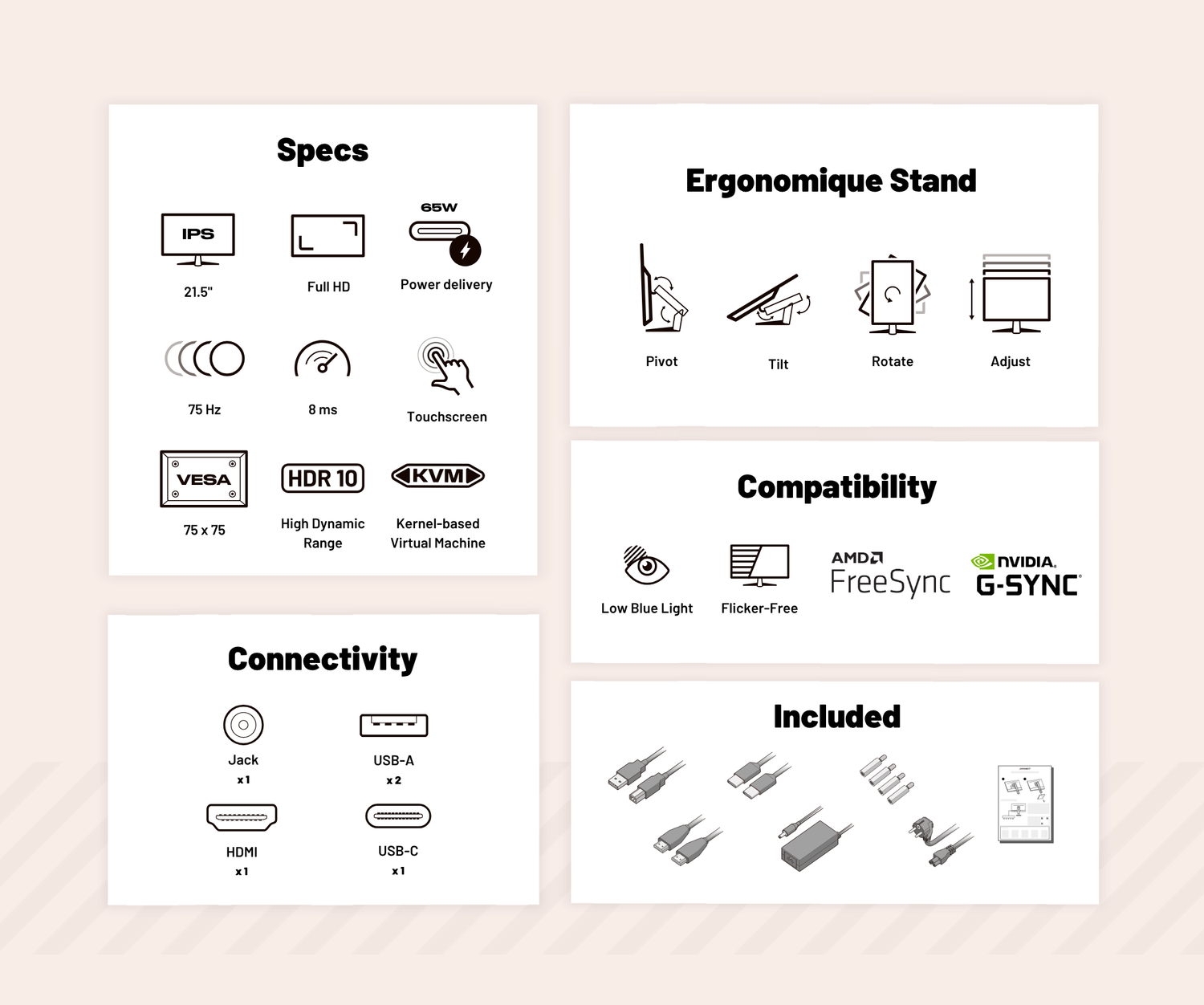 Schermo PC per ufficio | 21,5&quot; | FHD | Touchscreen | KVM | Alimentazione 65 W | Supporto ergonomico articolato