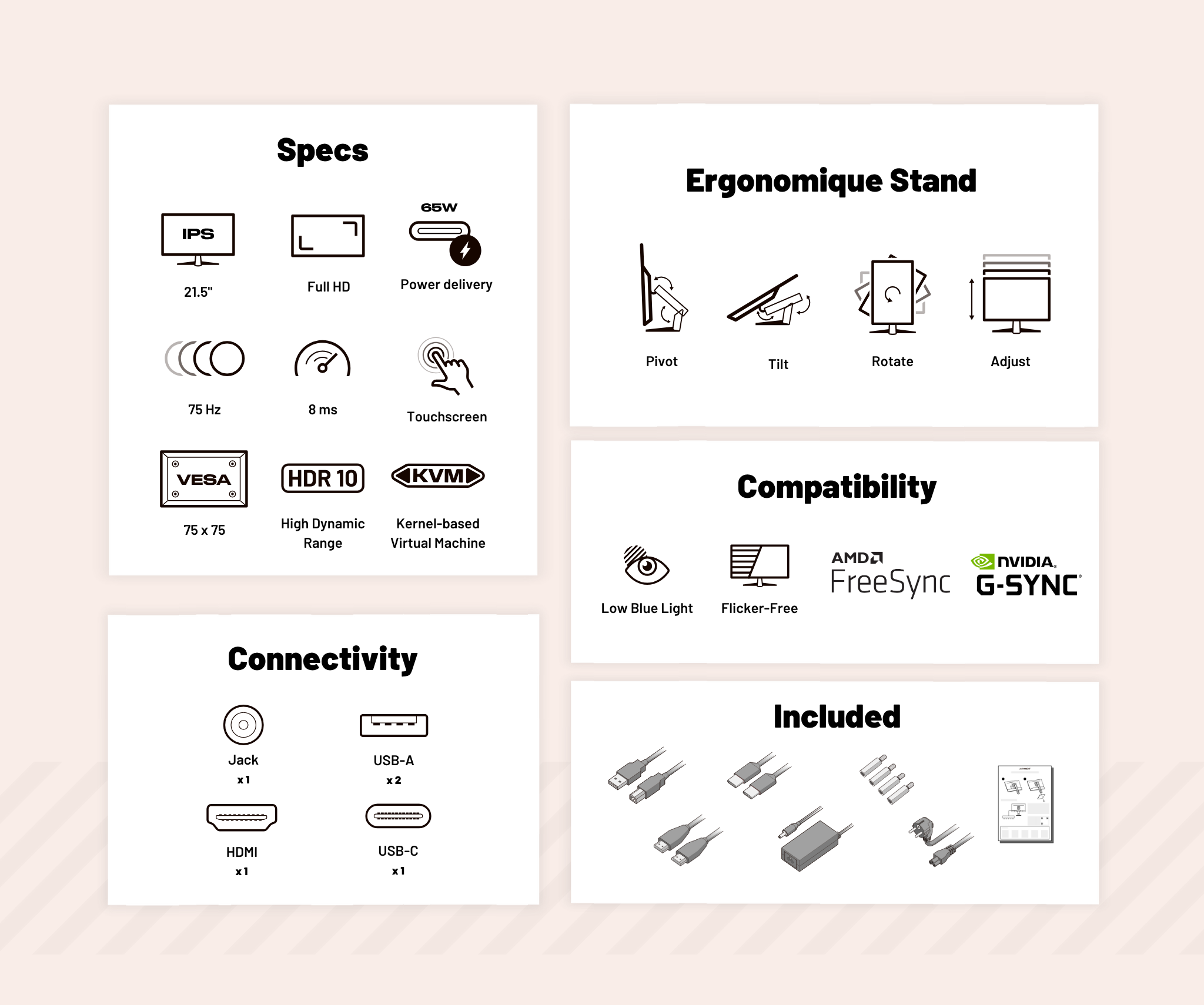 Schermo PC per ufficio | 21,5&quot; | FHD | Touchscreen | KVM | Alimentazione 65 W | Supporto ergonomico articolato