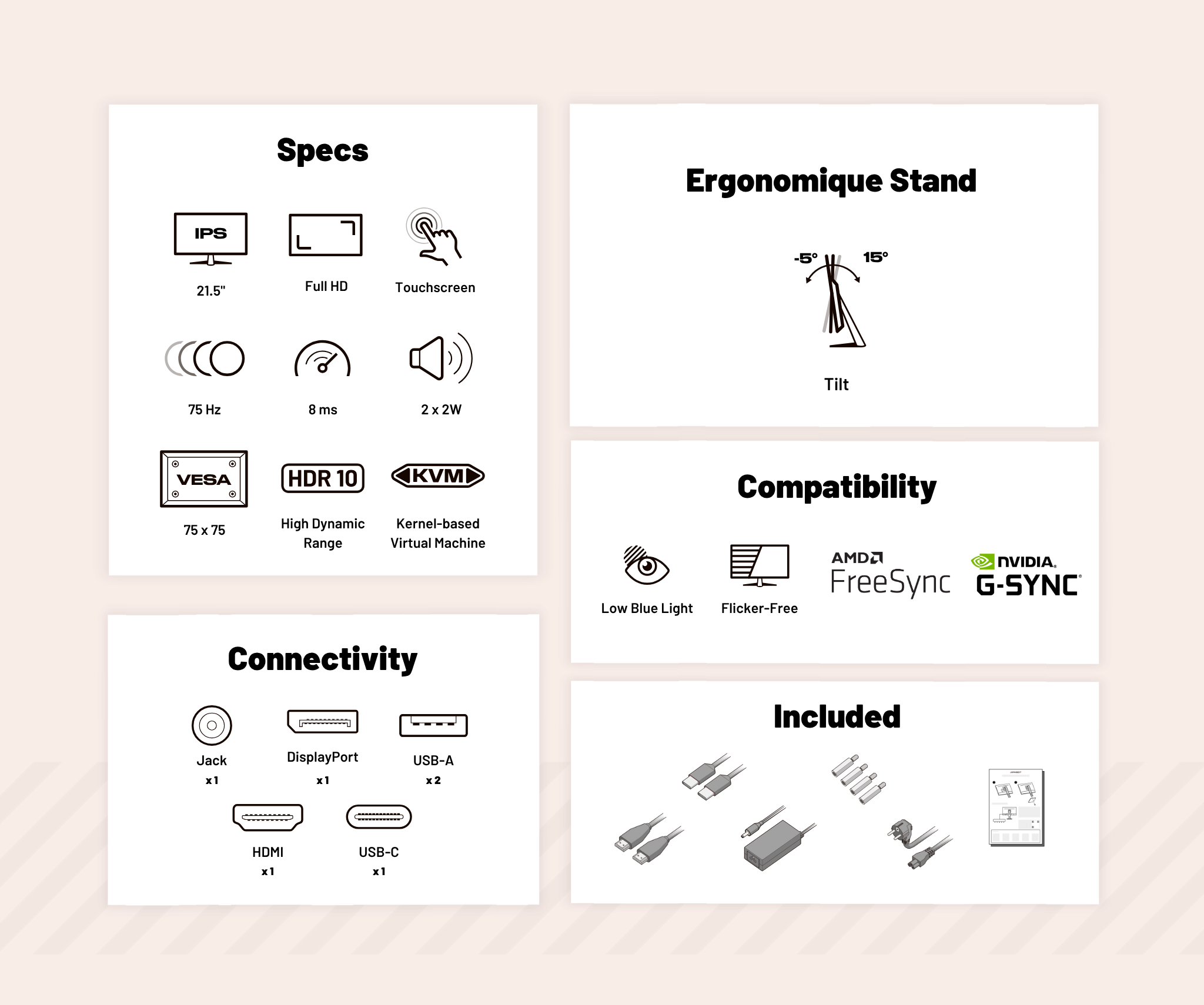Schermo PC da ufficio | 21,5&quot; | FHD | Touchscreen | Hub USB | KVM