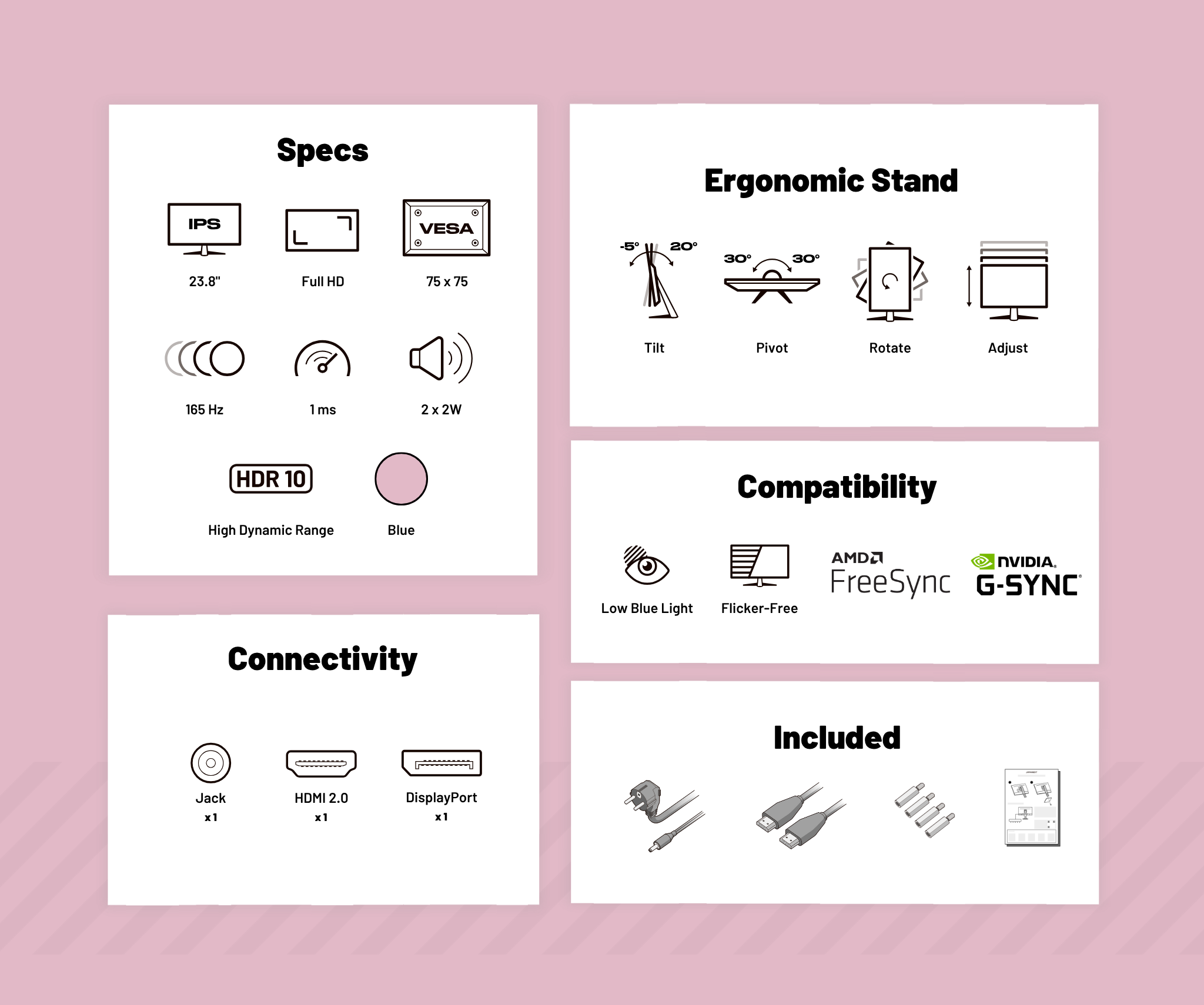 Monitor Gaming | 23,8” | IPS | FHD | 165Hz | Rosa pastello