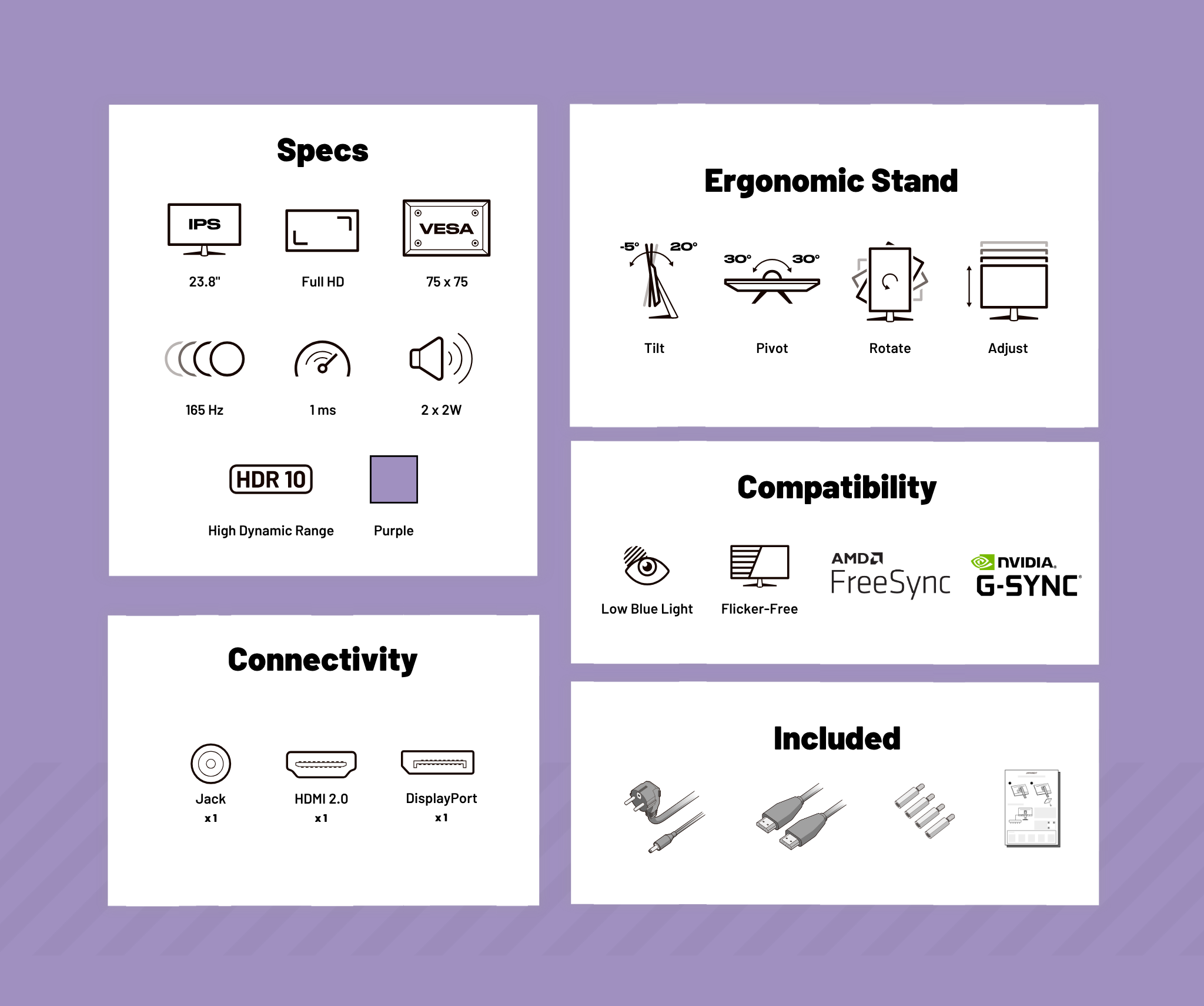 Monitor Gaming | 23,8” | IPS | FHD | 165Hz | Viola pastello