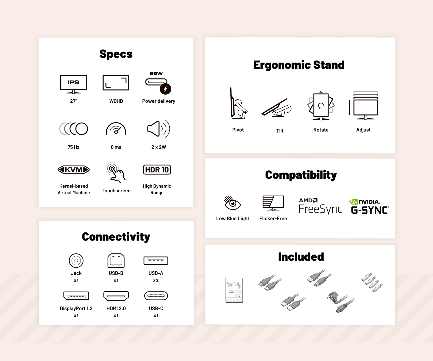 Schermo da ufficio | 27&quot; | WQHD | Touchscreen | Power Delivery 65W | KVM | Bianco